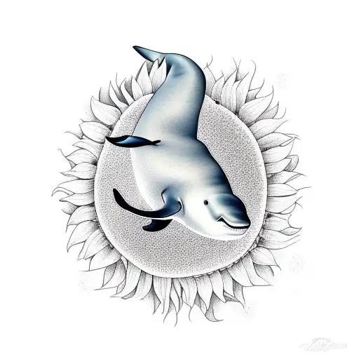 A realistic portrait of a beluga whale swimming among sunflowers tattoo design idea