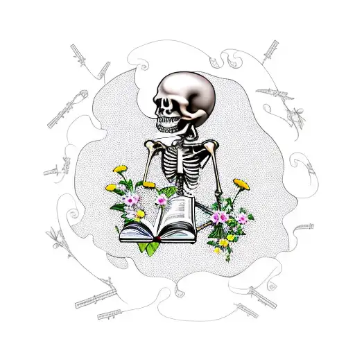 A new-school design featuring a skeleton reading a book surrounded by daisies tattoo design idea