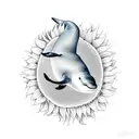 A realistic portrait of a beluga whale swimming among sunflowers tattoo design idea