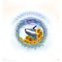 A realistic portrait of a beluga whale swimming among sunflowers tattoo design idea