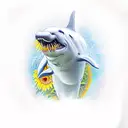 A realistic portrait of a beluga whale swimming among sunflowers tattoo design idea