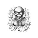 A new-school design featuring a skeleton reading a book surrounded by daisies tattoo design idea