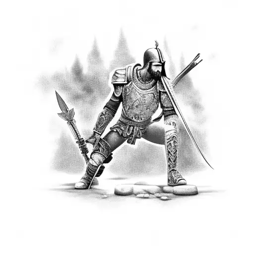 Warrior kneeling in honor with a fallen comrade tattoo design idea