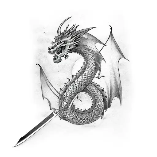 dragon with sword in heart tattoo design idea