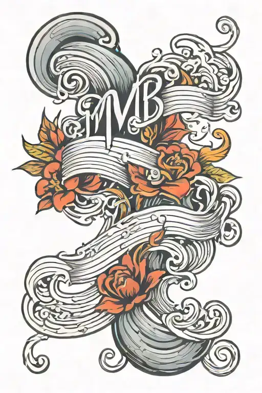 integrated letters m & b with moulins and waves tattoo design idea
