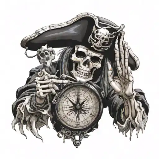 skeleton captain pirate holds compass in palm while left hand in air tattoo design idea