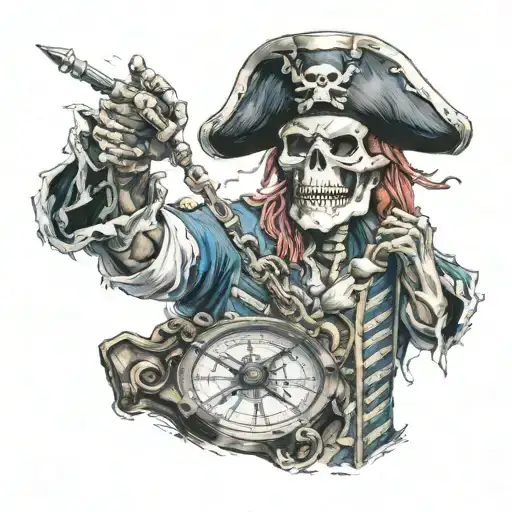 pirate skeleton holding a compass in his palm while his left hand is in the air tattoo design idea