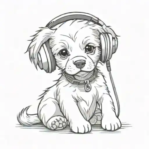 puppy waring earphone tattoo design idea