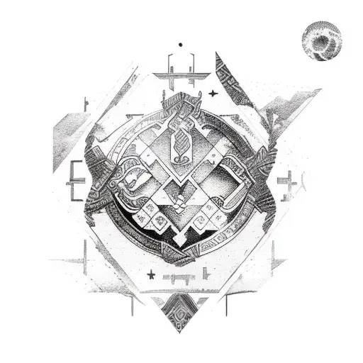 Greek and space patchwork sleeve tattoo design idea