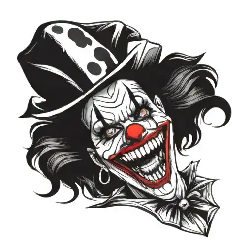 woman dressed as gothic clown with creepy smile and showing teeth tattoo design idea
