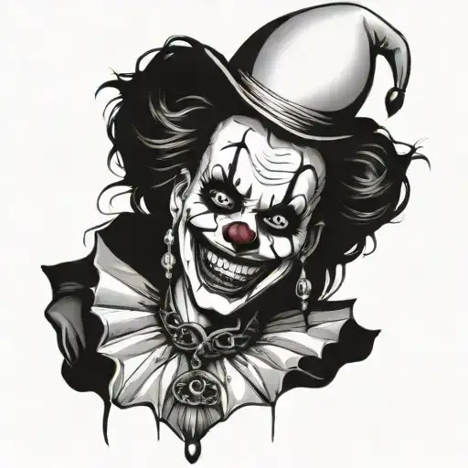 woman dressed as gothic clown with creepy smile and showing teeth tattoo design idea