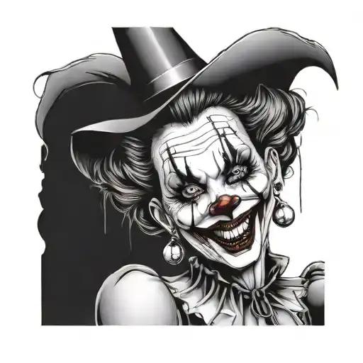 woman dressed as gothic clown with creepy smile and showing teeth tattoo design idea
