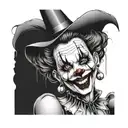 woman dressed as gothic clown with creepy smile and showing teeth tattoo design idea