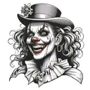 woman dressed as gothic clown with creepy smile and showing teeth tattoo design idea