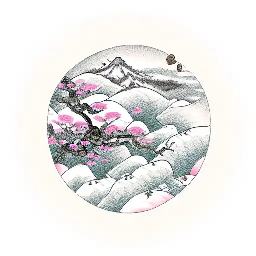 pale pink Sisyphus pushing a rock up a mountain with cherry blossom flowers tattoo design idea