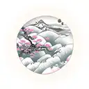 pale pink Sisyphus pushing a rock up a mountain with cherry blossom flowers tattoo design idea