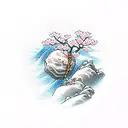 pale pink Sisyphus pushing a rock up a mountain with cherry blossom flowers tattoo design idea