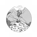 pale pink Sisyphus pushing a rock up a mountain with cherry blossom flowers tattoo design idea