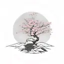 pale pink Sisyphus pushing a rock up a mountain with cherry blossom flowers tattoo design idea