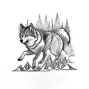 A tattoo design featuring a wolf running through a forest with a mountain backdrop tattoo design idea