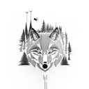 A tattoo design featuring a wolf running through a forest with a mountain backdrop tattoo design idea