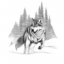 A tattoo design featuring a wolf running through a forest with a mountain backdrop tattoo design idea