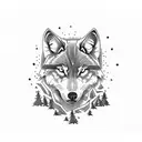 A tattoo design featuring a wolf running through a forest with a mountain backdrop tattoo design idea