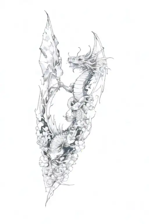 6 dragon flying around. Clouds fly. flowering . dark tattoo design idea