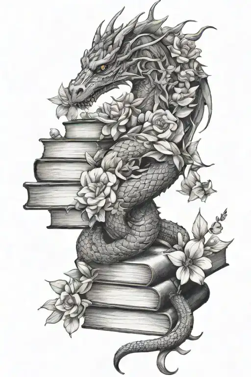 dragon wrapped around books surrounded by florals tattoo design idea