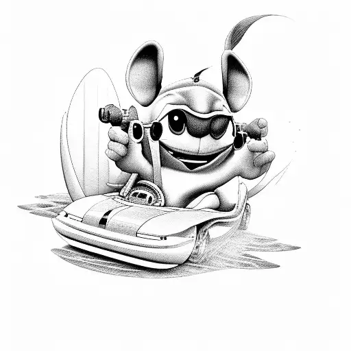 lilo and stich in a f1 race car tattoo design idea