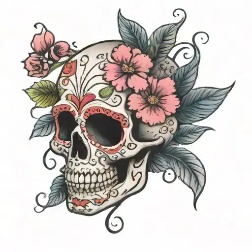 sugar skull and cherry blossoms tattoo design idea
