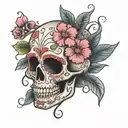 sugar skull and cherry blossoms tattoo design idea