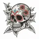 sugar skull and cherry blossoms tattoo design idea