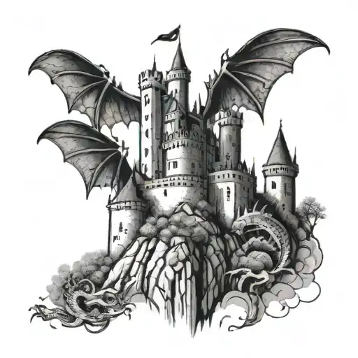 A medieval castle with dragons flying overhead tattoo design idea