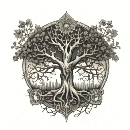 Design a tattoo featuring a tree of knowledge intertwined with religious imagery, in a dotwork style tattoo design idea