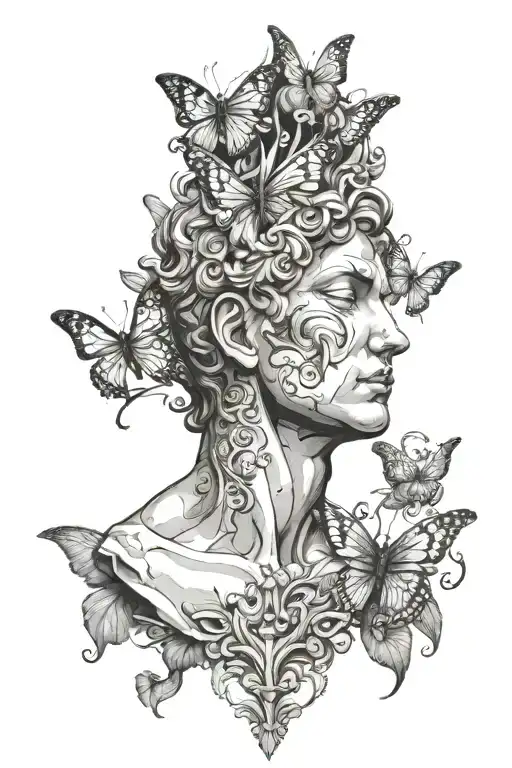 roman statue face cracking open exposing face underneath crying, and butterflies and filigree coming out the top of head tattoo design idea