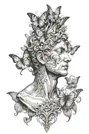 roman statue face cracking open exposing face underneath crying, and butterflies and filigree coming out the top of head tattoo design idea
