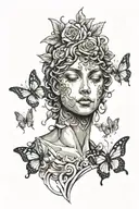roman statue face cracking open exposing face underneath crying, and butterflies and filigree coming out the top of head tattoo design idea