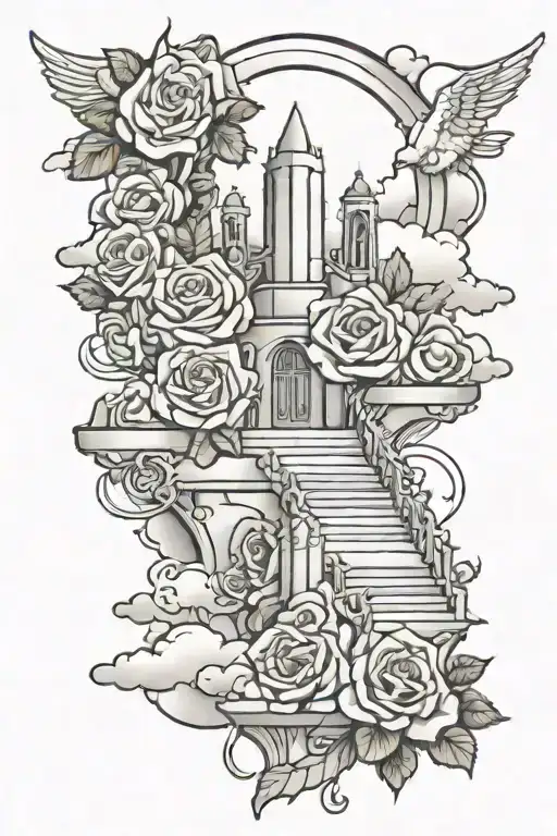 roses and clouds and praying hands and stair way to heaven tattoo design idea