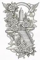 roses and clouds and praying hands and stair way to heaven tattoo design idea