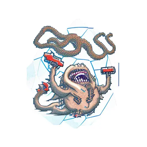 A doctor fighting a video game boss in an MMA octagon tattoo design idea