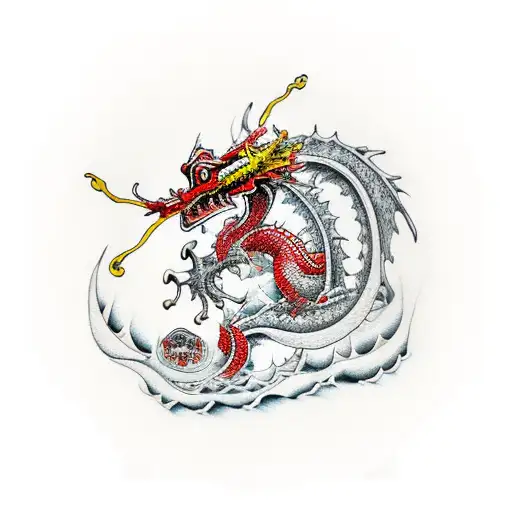 Big red frog riding a brigth yellow dragon tattoo design idea