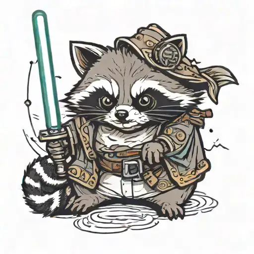 fat raccoon holding a lightsaber in one hand and a wand in the other hand tattoo design idea