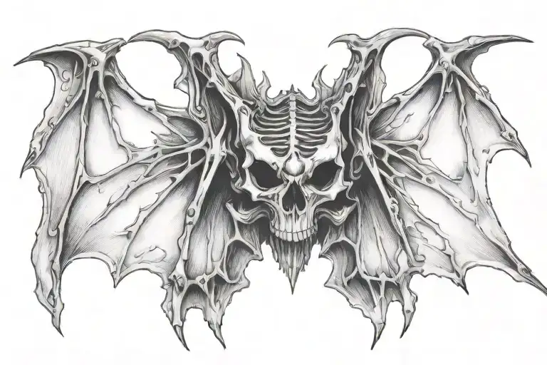 upside down hanging bat skeleton with wings outstretched tattoo design idea