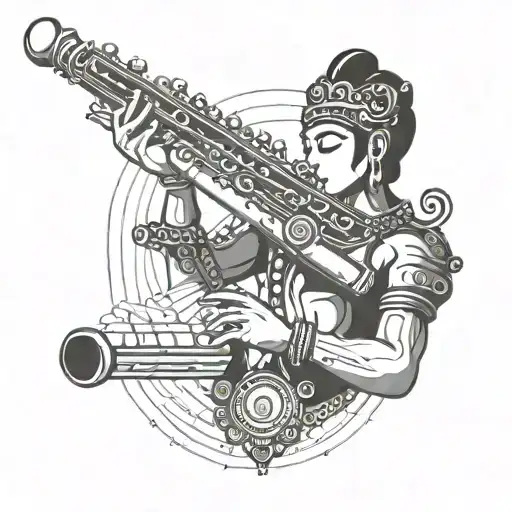 A minimalist tattoo of a flute with Lord Krishna playing it, with subtle Morse Code elements intertwined tattoo design idea