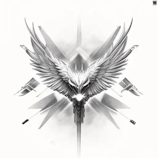 phoenix with a hyper-realistic head and wings but mechanical body parts with geometric styles tattoo design idea