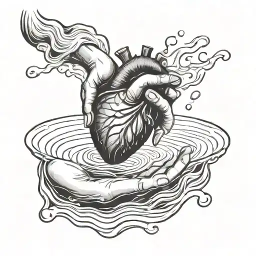two hands holding heart coming from rippling water  tattoo design idea