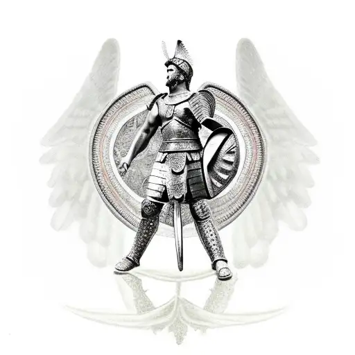 A Roman warrior with armor holding a sacred heart surrounded by angels tattoo design idea