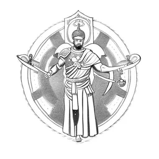 A Roman warrior with armor holding a sacred heart surrounded by angels tattoo design idea