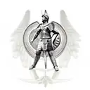 A Roman warrior with armor holding a sacred heart surrounded by angels tattoo design idea